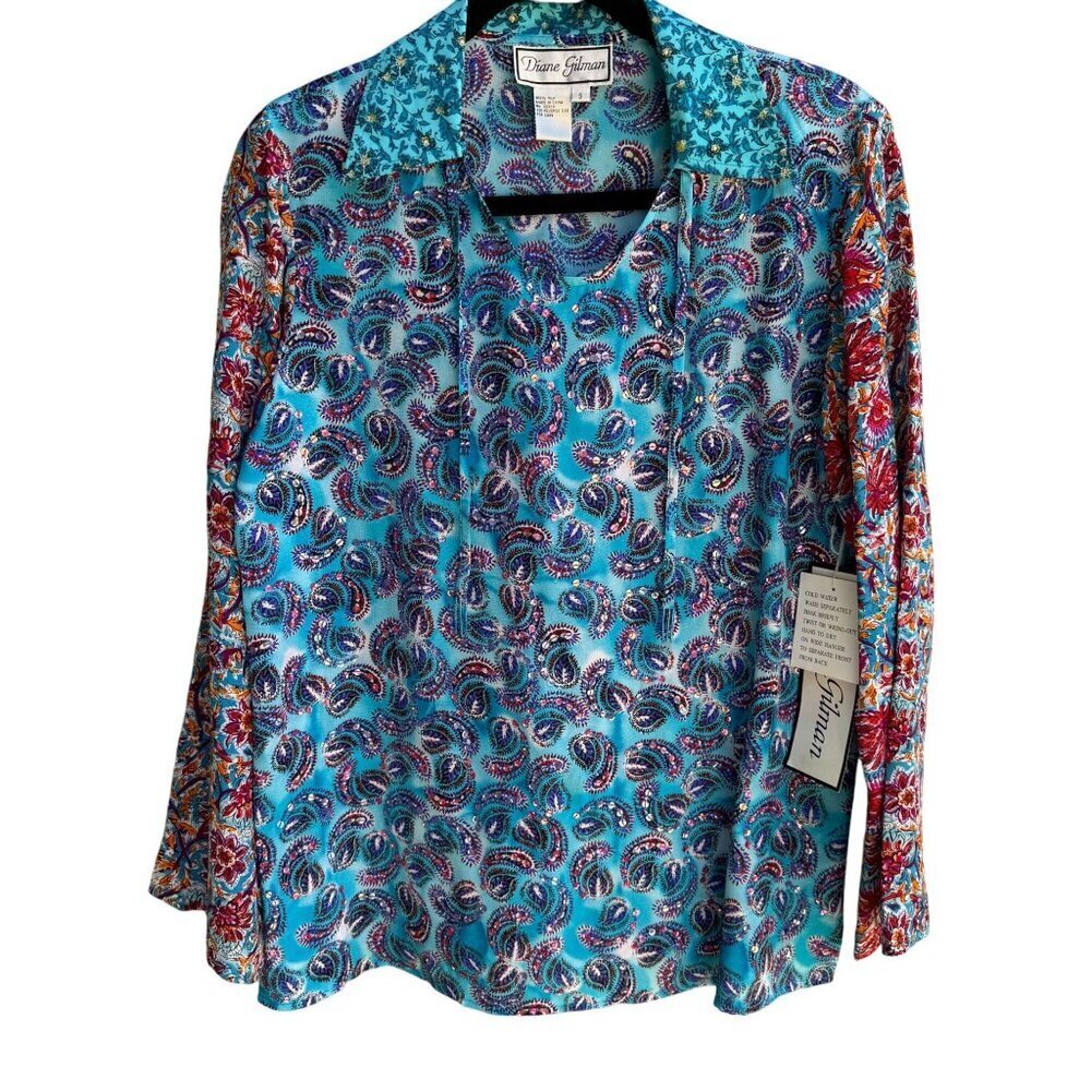 Diane Gilman All Silk Blue Paisley Sequin Blouse Floral Sleeve NWT Womens S Boho